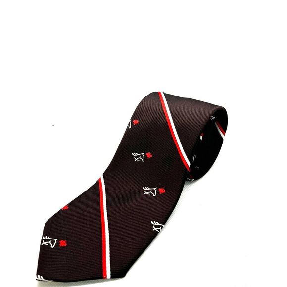 FRAME Mens Necktie Red and White Striped Brown Tie Horse‎ and Star Pattern - Picture 1 of 3